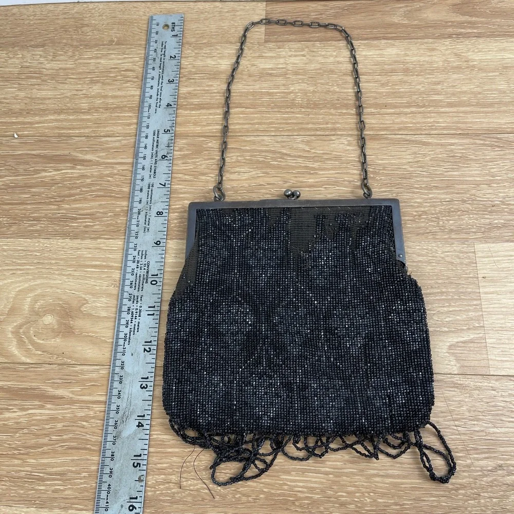 Antique Black Micro Beaded Evening Bag Floral Kiss Lock Fringe Art Deco Purse